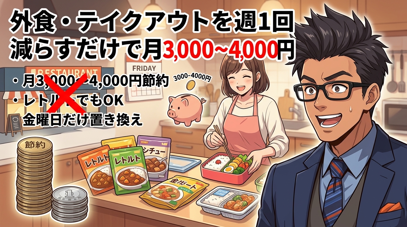 週1回やめるだけで年5万円浮くについて月3,000〜4,000円節約やレトルトでもOKや金曜日だけ置き換えなどの要素を描いたイラスト