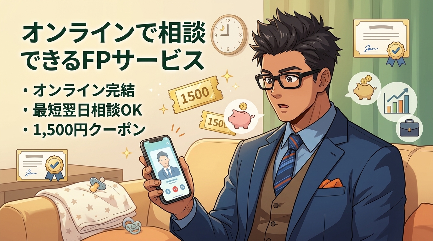 育休中でもスマホひとつでお金の悩み解決についてオンライン完結や最短翌日相談OKや1,500円クーポンなどの要素を描いたイラスト
