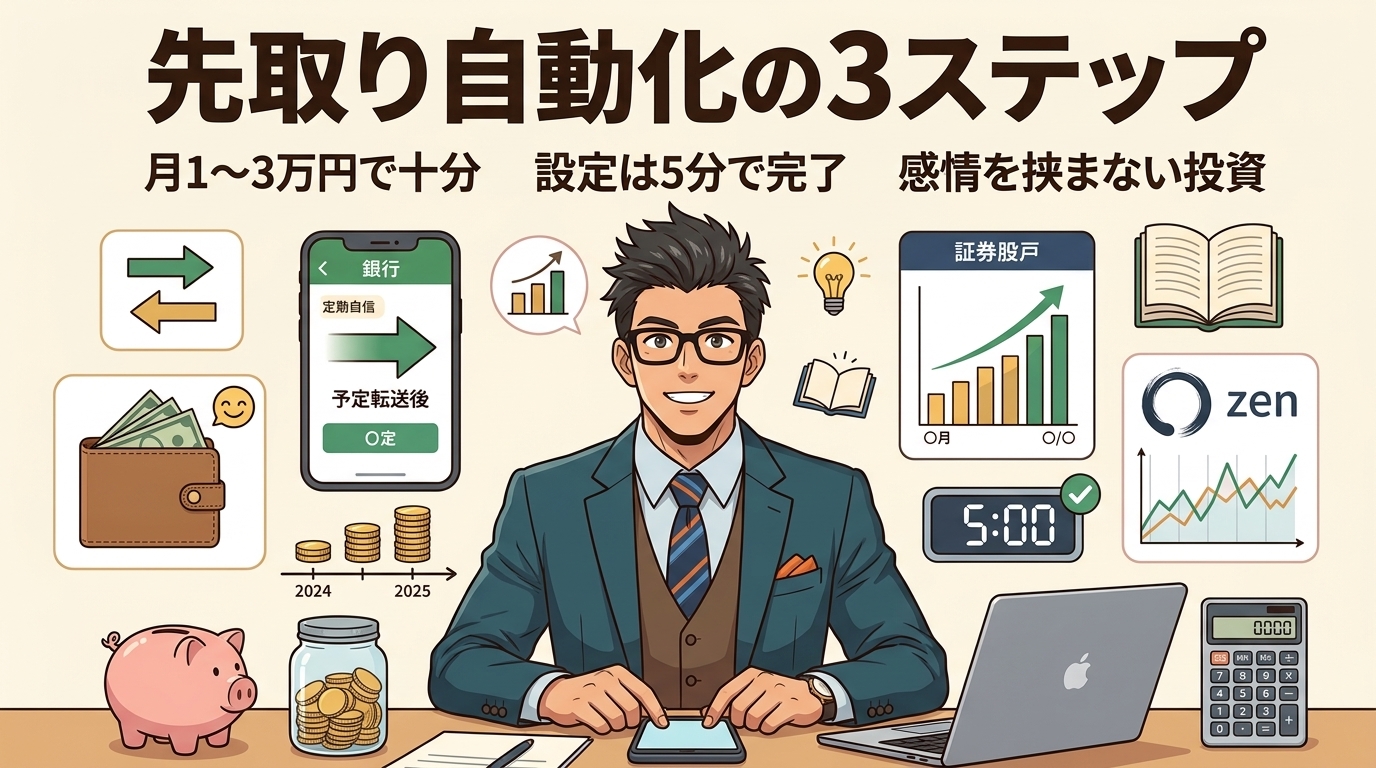 先に抜くから貯まるについて月1〜3万円で十分や設定は5分で完了や感情を挟まない投資などの要素を描いたイラスト