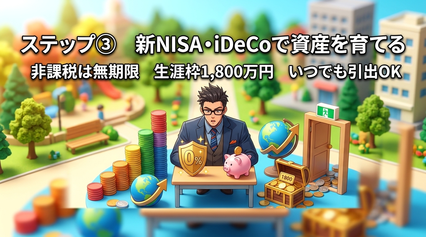 月1万円が20年で411万円にについて非課税は無期限や生涯枠1,800万円やいつでも引出OKなどの要素を描いたイラスト