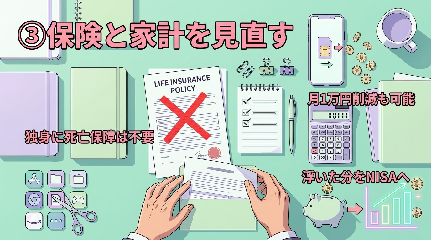 固定費を削るだけで資産が増えるについて月1万円削減も可能や浮いた分をNISAへや独身に死亡保障は不要などの要素を描いたイラスト