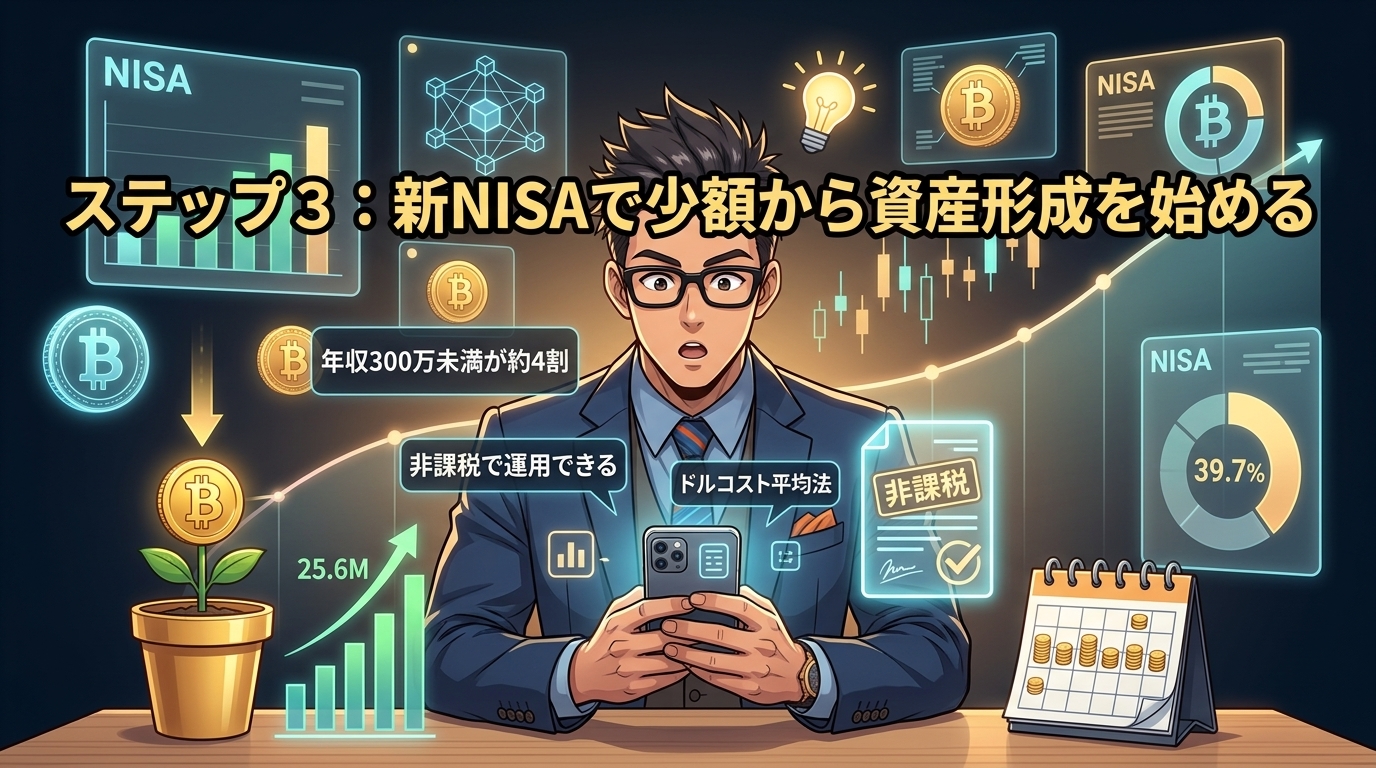 月100円から始める未来への一歩について年収300万未満が約4割や非課税で運用できるやドルコスト平均法などの要素を描いたイラスト