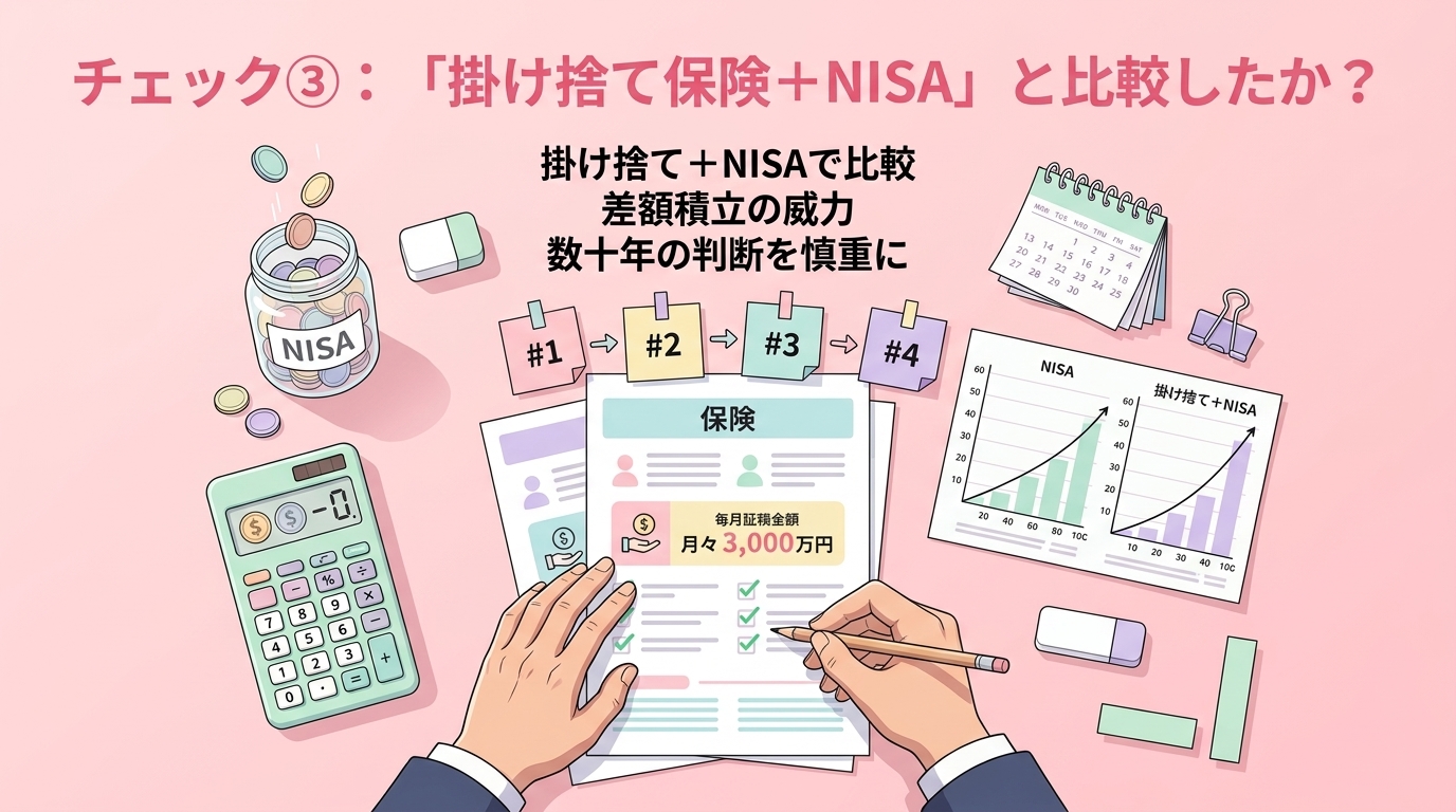 その保険、分けたら増えるかも?について掛け捨て+NISAで比較や差額積立の威力や数十年の判断を慎重になどの要素を描いたイラスト