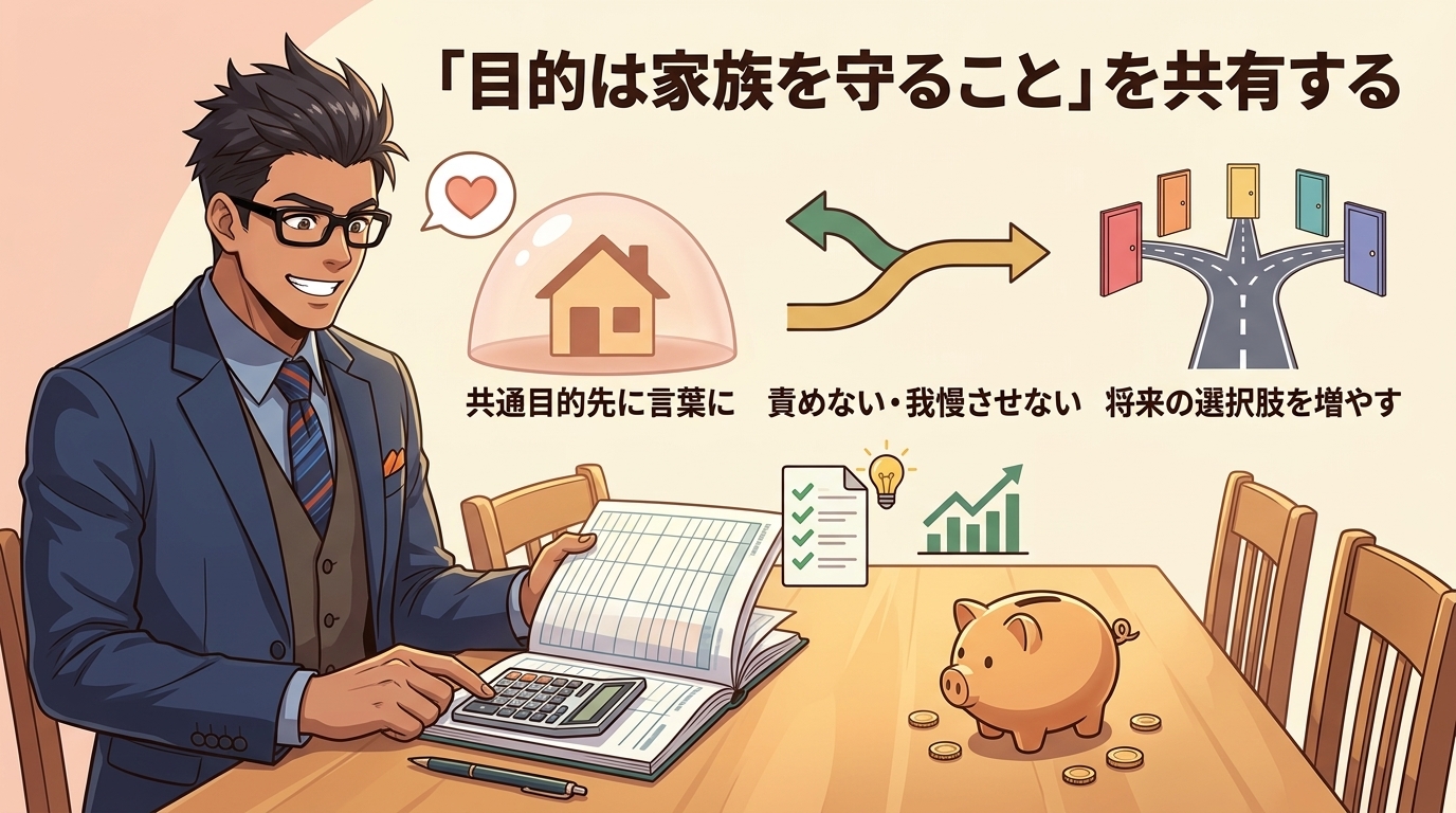 意見が割れても、戻れる場所があるについて共通目的を先に言葉にや責めない・我慢させないや将来の選択肢を増やすなどの要素を描いたイラスト