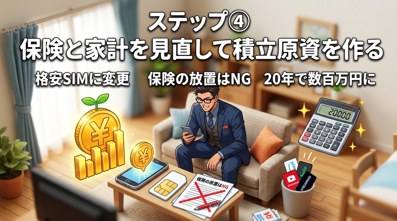 固定費だけで月2万円浮くについて格安SIMに変更や保険の放置はNGや20年で数百万円になどの要素を描いたイラスト