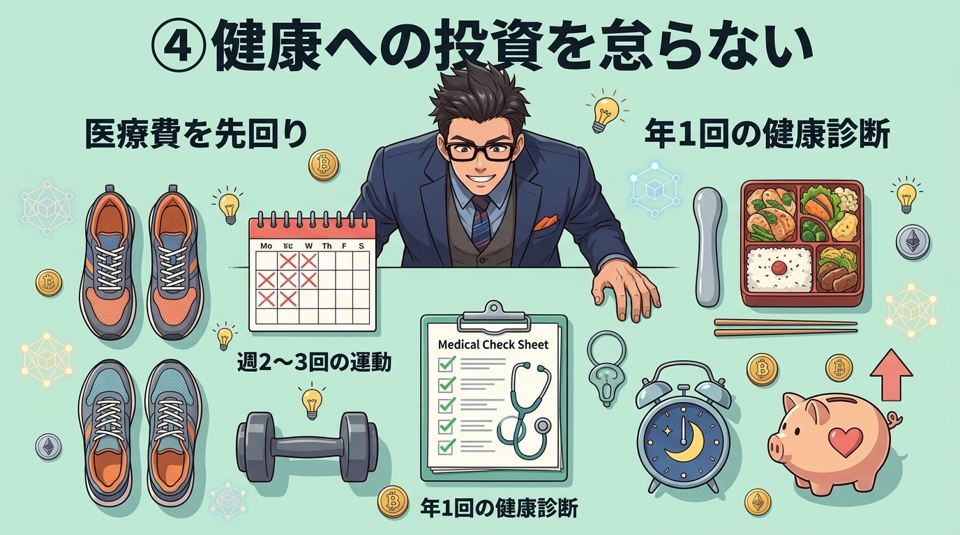 体が動かなくなったら誰が稼ぐ?について医療費を先回りや週2〜3回の運動や年1回の健康診断などの要素を描いたイラスト