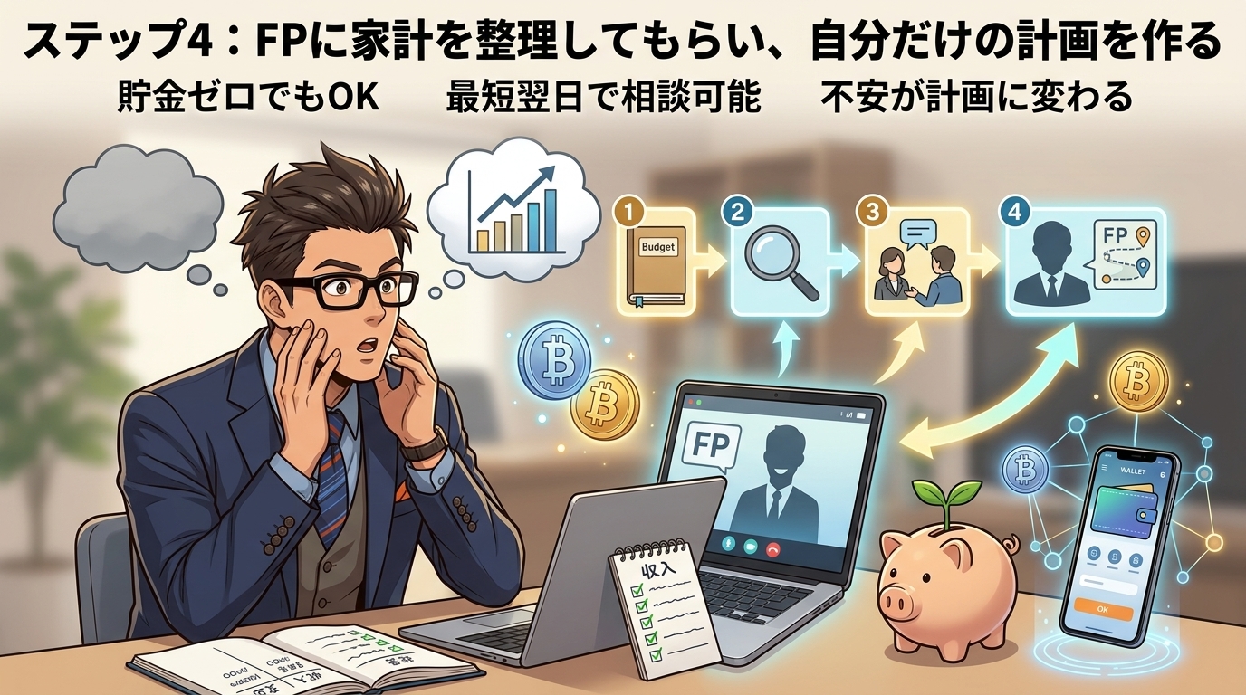 「何からやれば?」が一瞬で消えるについて貯金ゼロでもOKや最短翌日で相談可能や不安が計画に変わるなどの要素を描いたイラスト