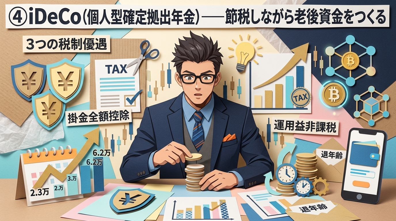 節税で育てる老後資金について3つの税制優遇や掛金全額控除や運用益非課税などの要素を描いたイラスト