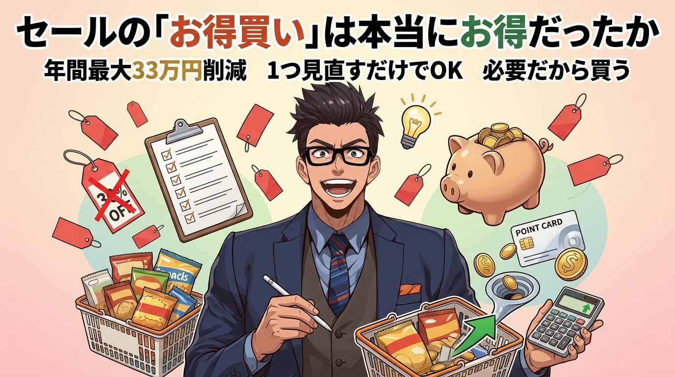 その割引、本当に得?について年間最大33万円削減や1つ見直すだけでOKや必要だから買うなどの要素を描いたイラスト