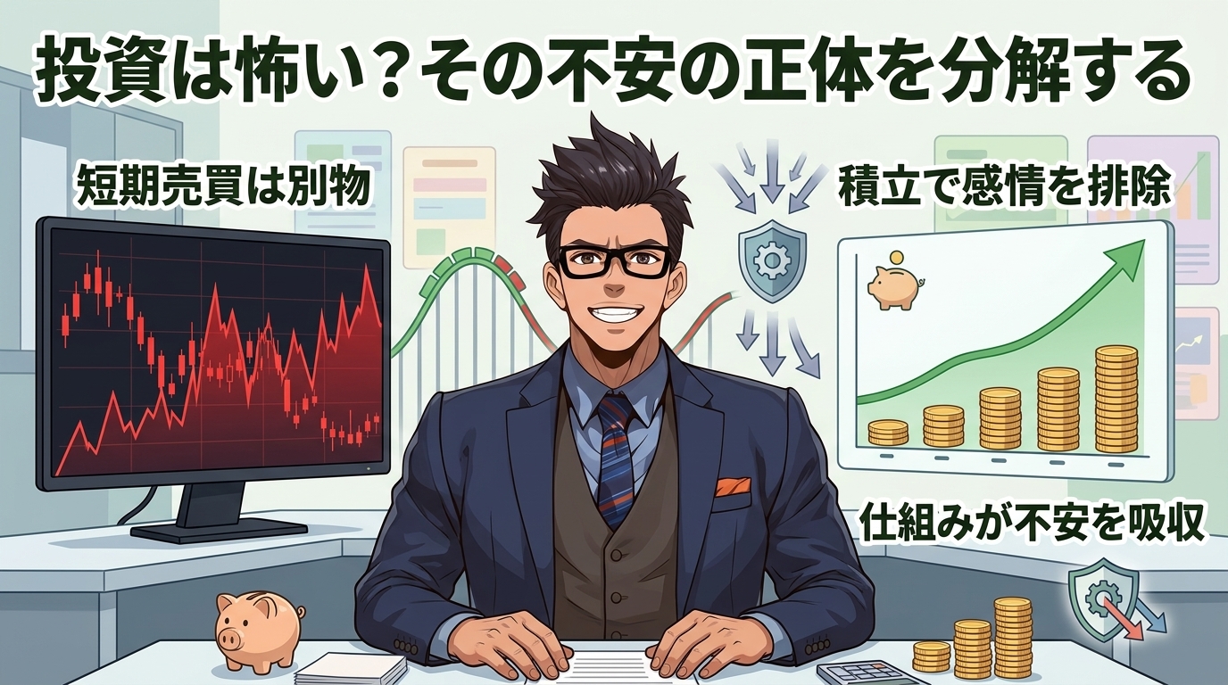 怖さの正体について短期売買は別物や積立で感情を排除や仕組みが不安を吸収などの要素を描いたイラスト