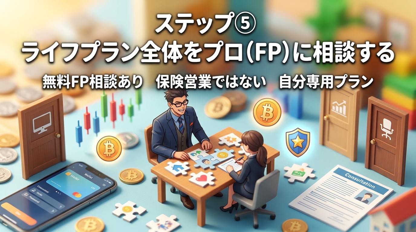 変数が多すぎる人生、一人で抱えないでについて無料FP相談ありや保険営業ではないや自分専用プランなどの要素を描いたイラスト
