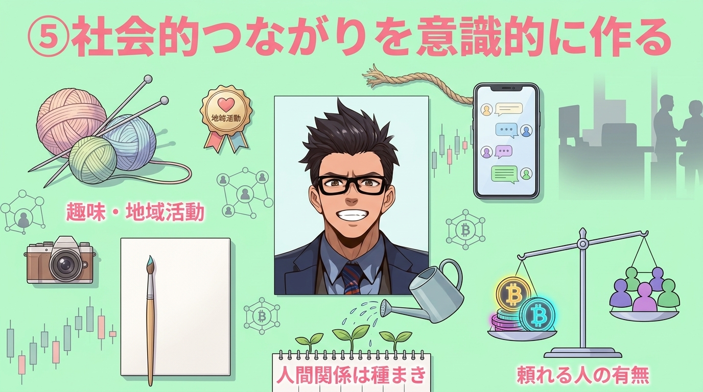 退職後の孤立、今から防げるについて趣味・地域活動や人間関係は種まきや頼れる人の有無などの要素を描いたイラスト