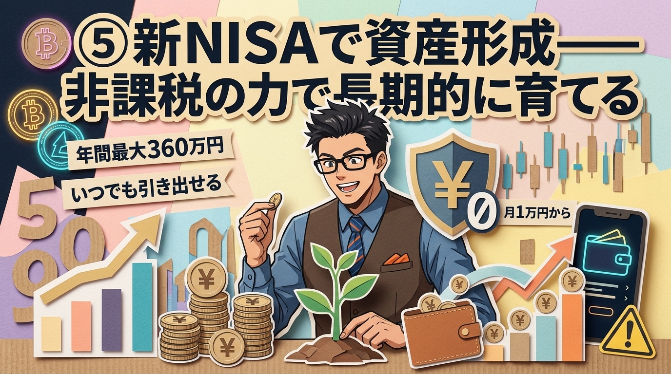 非課税で育てるについて年間最大360万円やいつでも引き出せるや月1万円からなどの要素を描いたイラスト