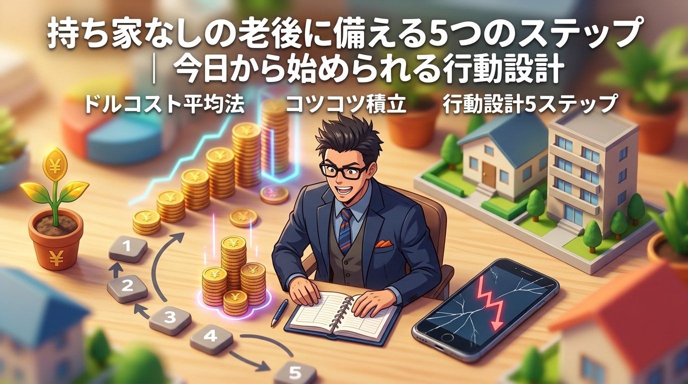 計画がないことが最大のリスクについてドルコスト平均法やコツコツ積立や行動設計5ステップなどの要素を描いたイラスト