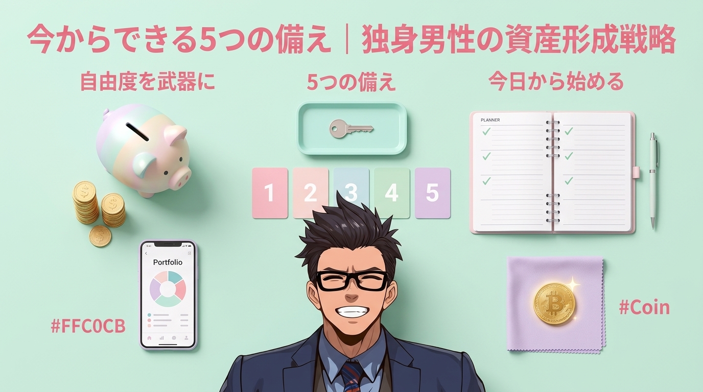 独身だからこそできる備えがあるについて自由度を武器にや5つの備えや今日から始めるなどの要素を描いたイラスト