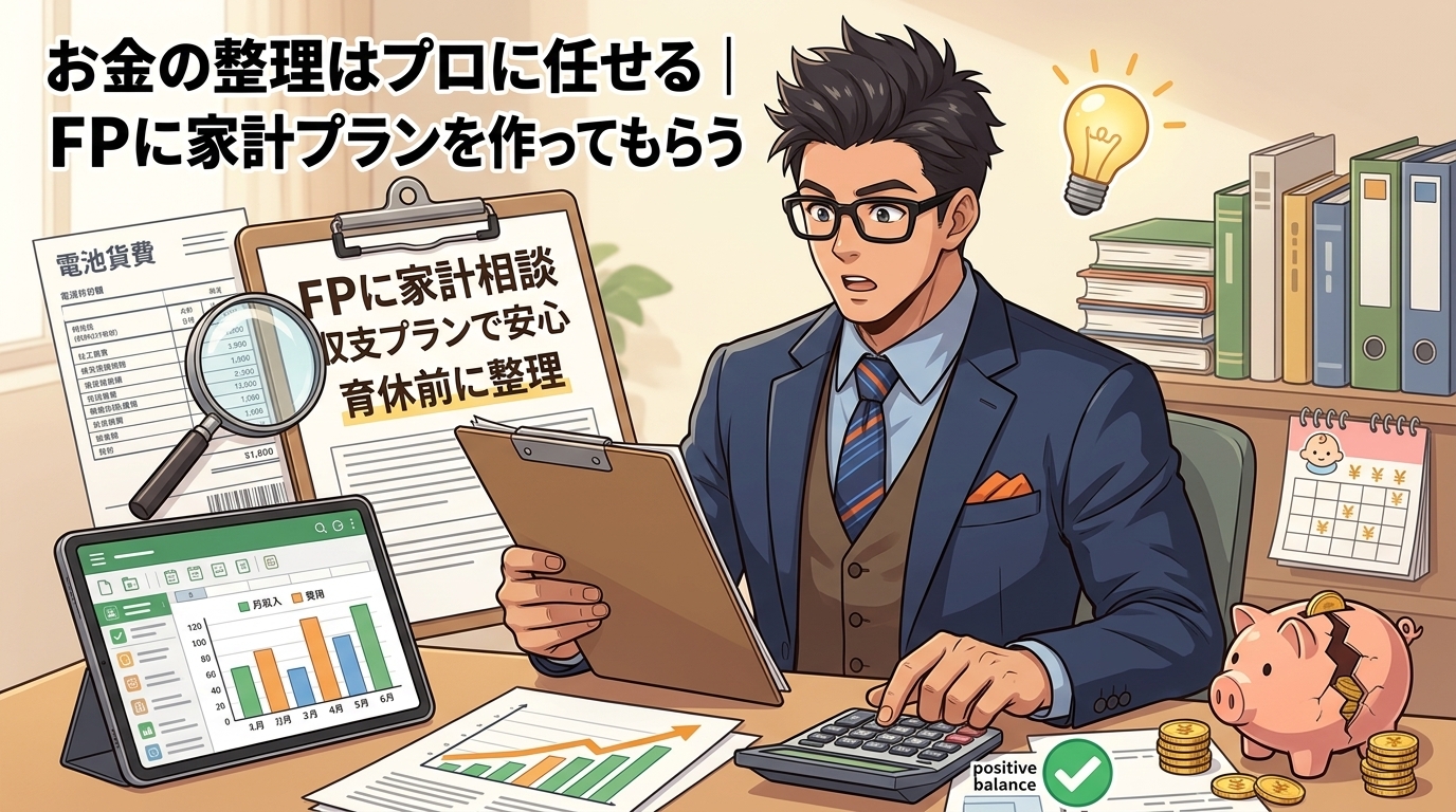 「足りるかな…」を数字に変えるについてFPに家計相談や収支プランで安心や育休前に整理などの要素を描いたイラスト