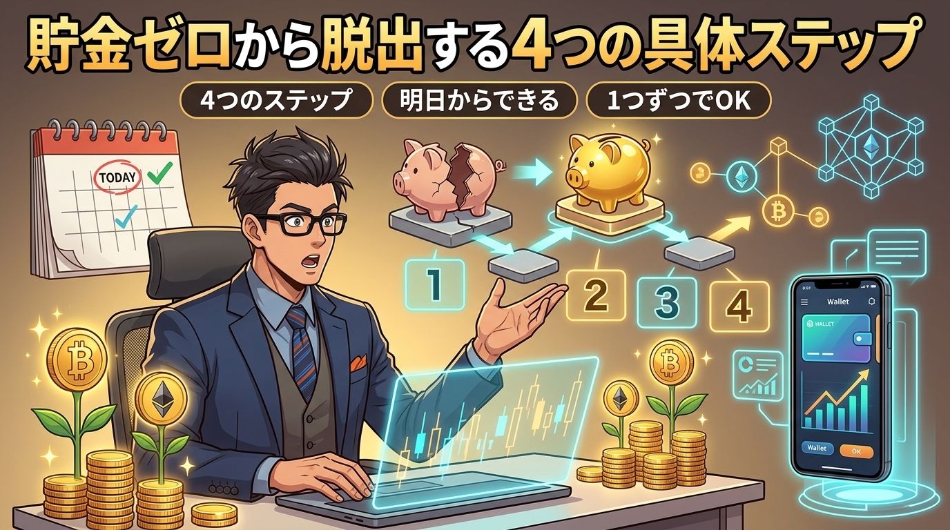 まずは1つだけ、今日から変わるについて4つのステップや明日からできるや1つずつでOKなどの要素を描いたイラスト