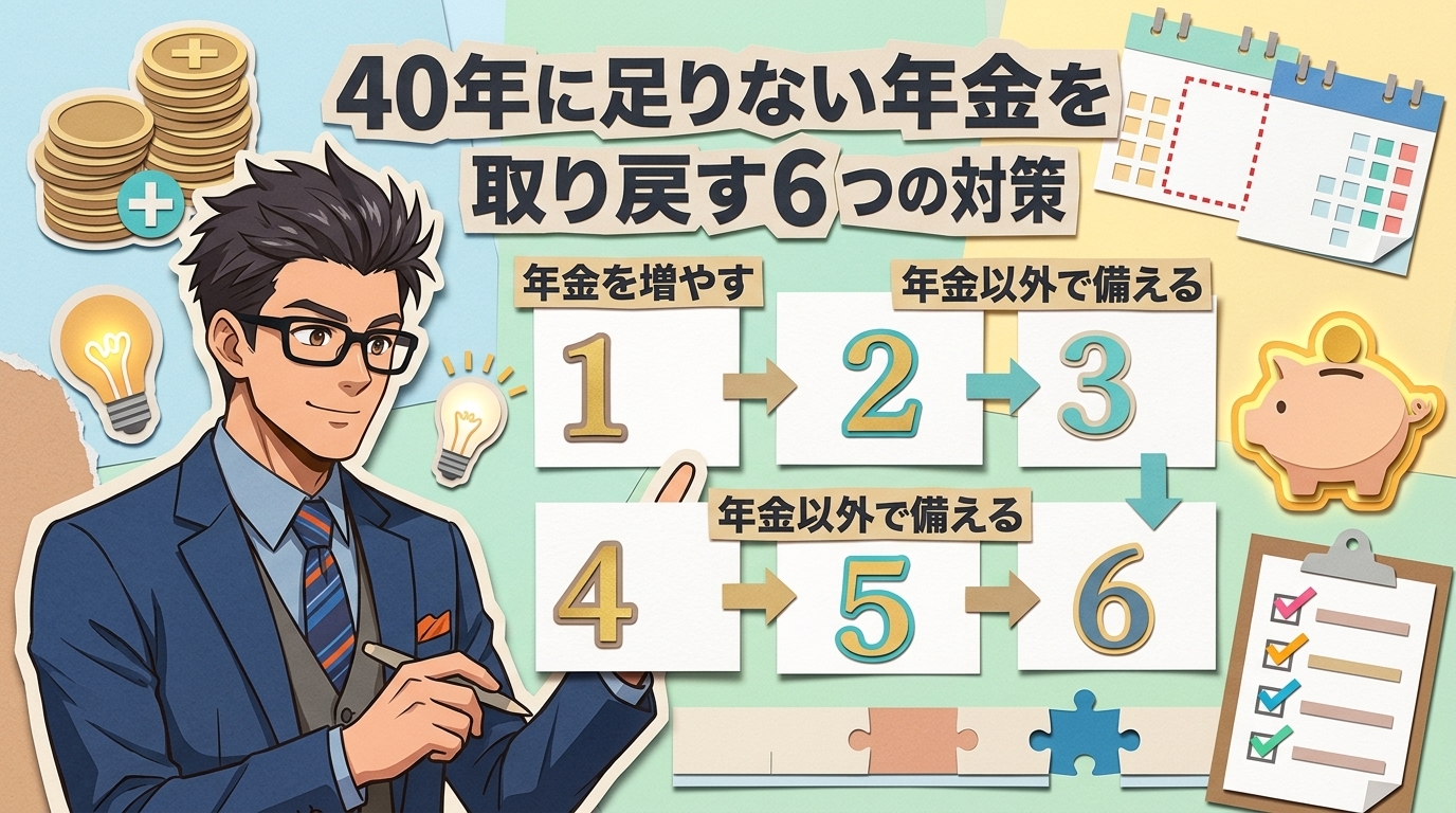 年金、まだ間に合うについて年金を増やすや年金以外で備えるや6つの対策などの要素を描いたイラスト