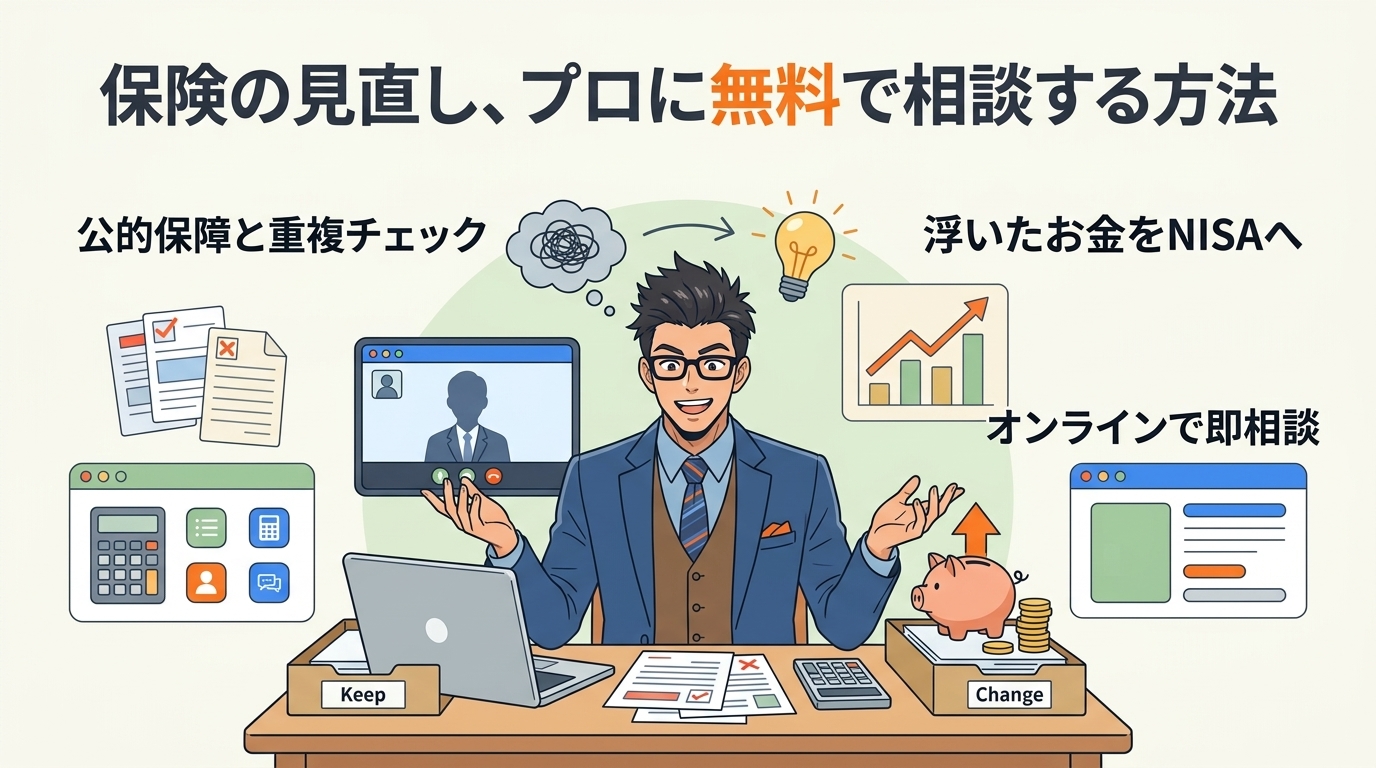 保険、プロに丸投げでいいについて公的保障と重複チェックや浮いたお金をNISAへやオンラインで即相談などの要素を描いたイラスト