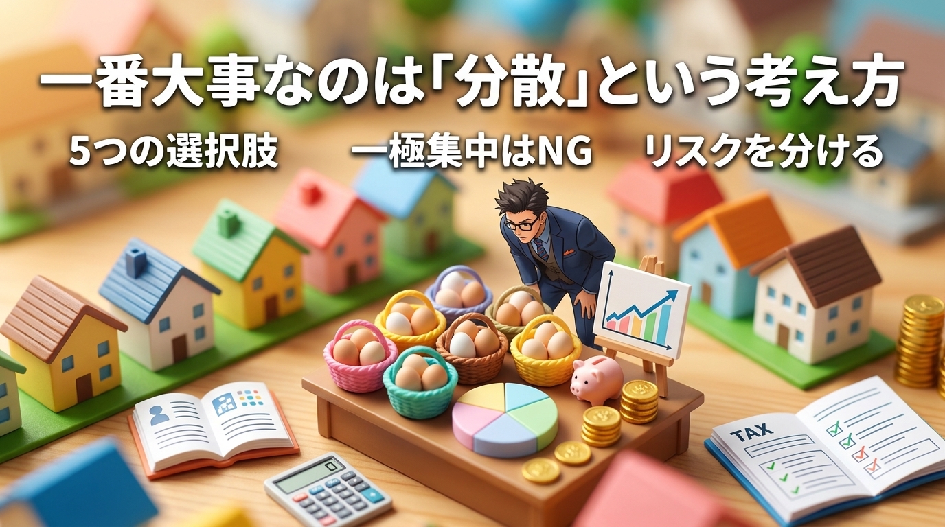 分散が最強について5つの選択肢や一極集中はNGやリスクを分けるなどの要素を描いたイラスト