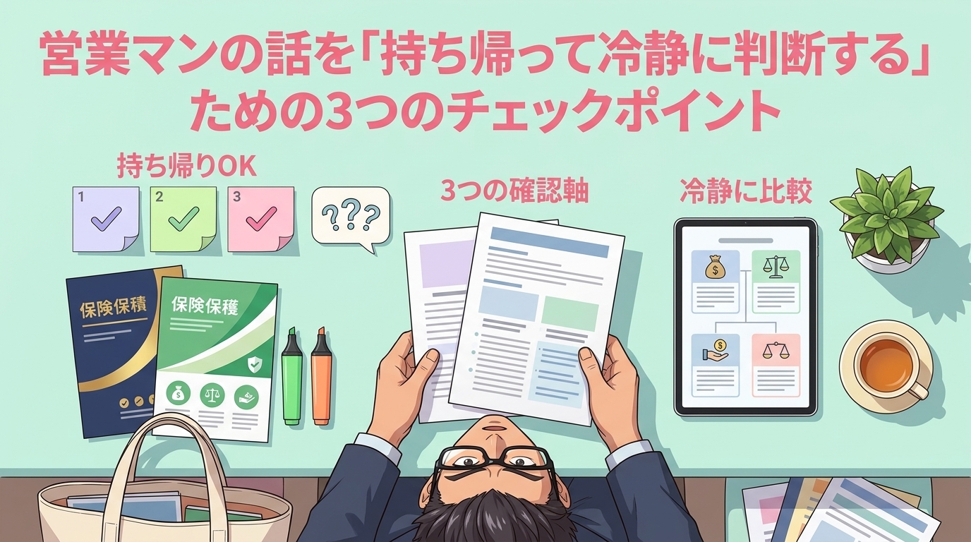 その場で決めなくていいについて持ち帰りOKや3つの確認軸や冷静に比較などの要素を描いたイラスト