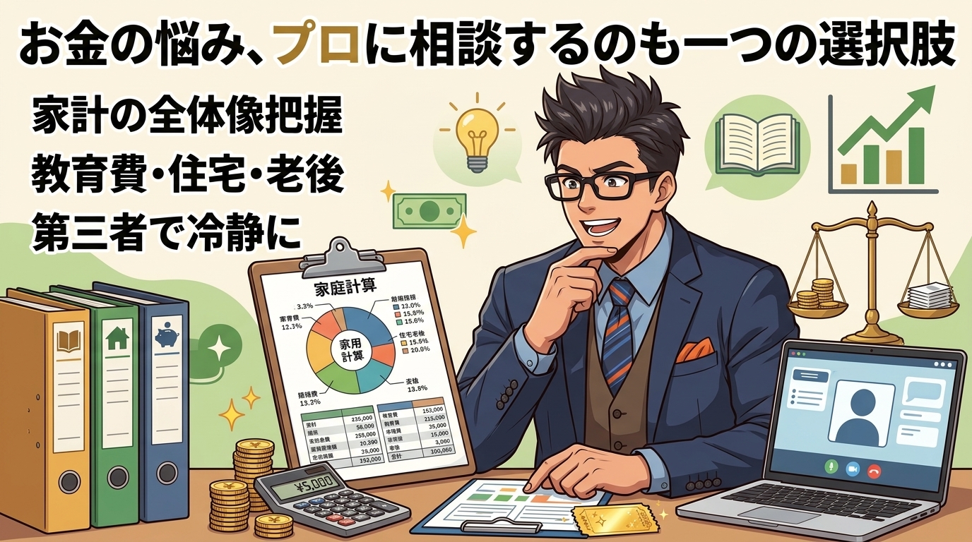 FP相談という選択肢について家計の全体像把握や教育費・住宅・老後や第三者で冷静になどの要素を描いたイラスト