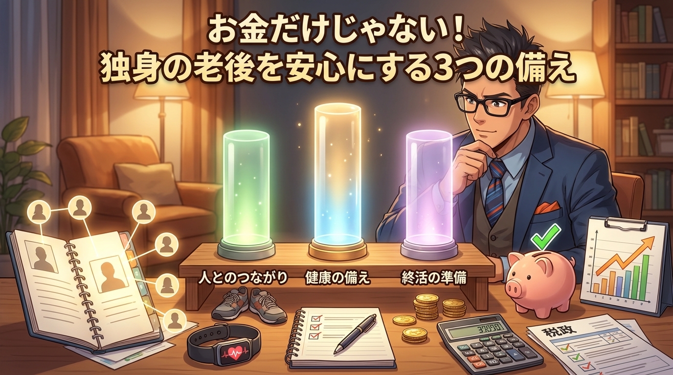お金だけじゃ足りないについて人とのつながりや健康の備えや終活の準備などの要素を描いたイラスト