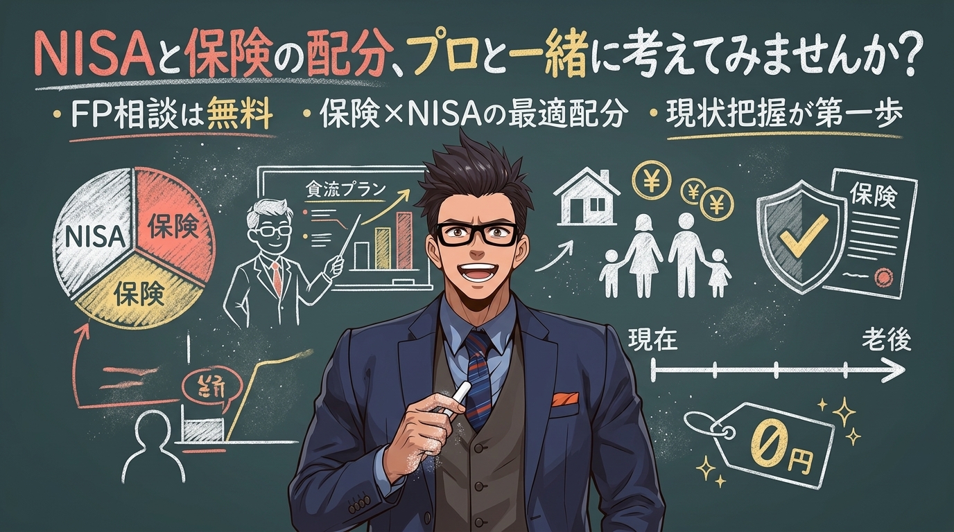 あなただけの正解、記事だけじゃ見つからないについてFP相談は無料や保険×NISAの最適配分や現状把握が第一歩などの要素を描いたイラスト