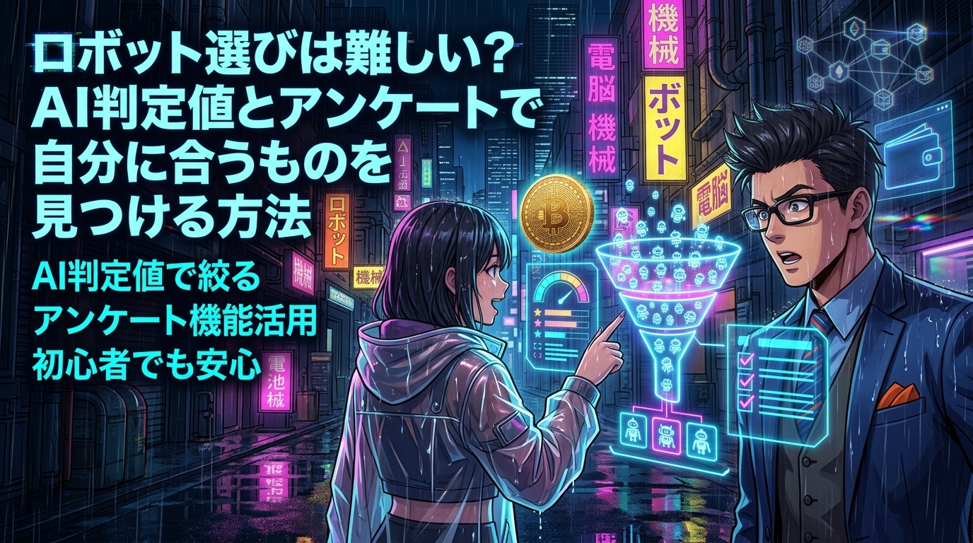 4,000体から最適を見つける二つの武器についてAI判定値で絞るやアンケート機能活用や初心者でも安心などの要素を描いたイラスト