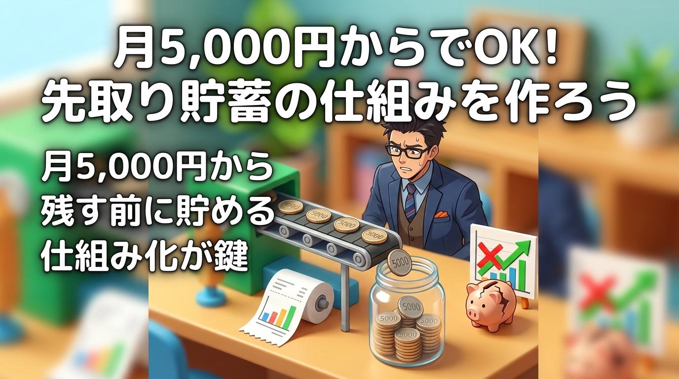先に取り分けろについて月5,000円からや残す前に貯めるや仕組み化が鍵などの要素を描いたイラスト