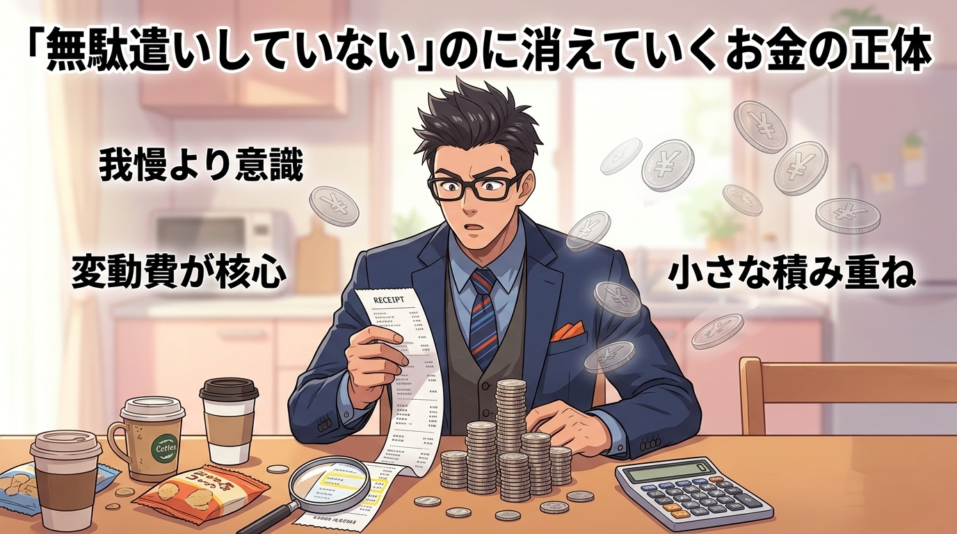 見えない出費の正体について我慢より意識や変動費が核心や小さな積み重ねなどの要素を描いたイラスト