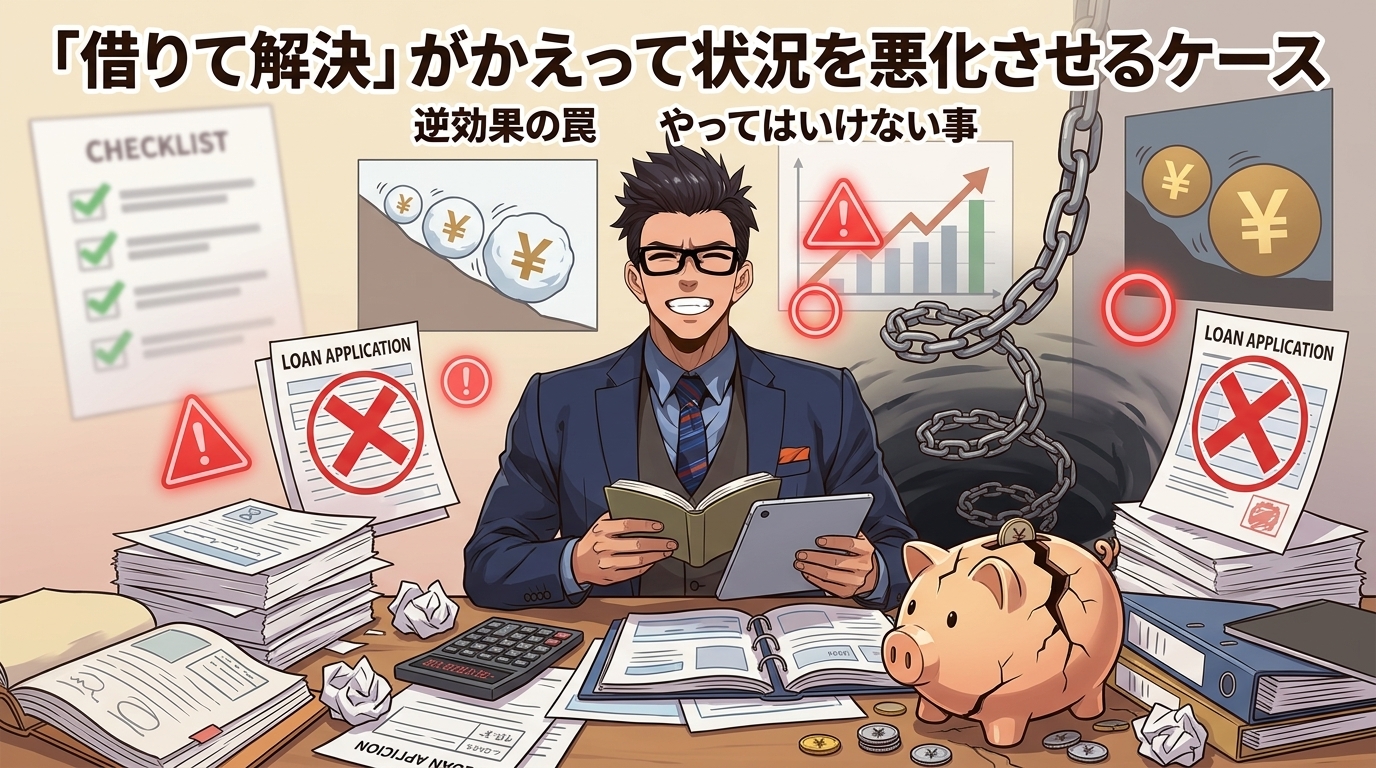 借りたら最後について逆効果の罠ややってはいけない事などの要素を描いたイラスト