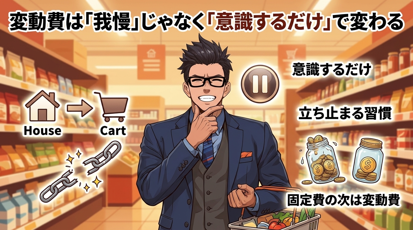 我慢しなくていい節約術があるについて意識するだけや立ち止まる習慣や固定費の次は変動費などの要素を描いたイラスト