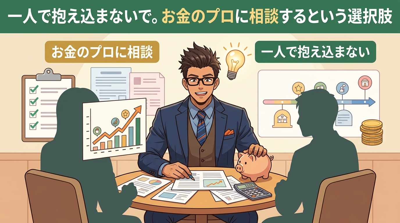 悩んだら頼っていい。それがFP相談についてお金のプロに相談や一人で抱え込まないなどの要素を描いたイラスト