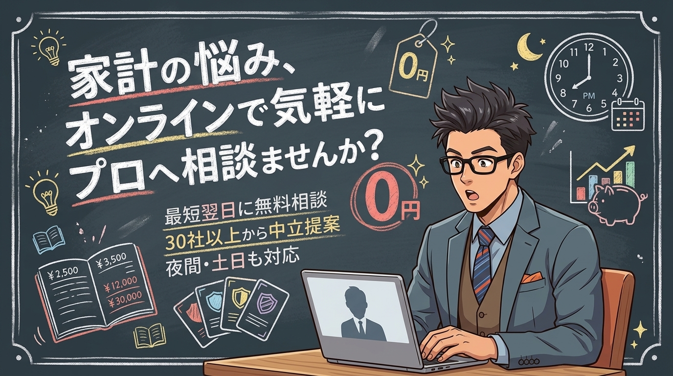 お金の不安、ひとりで抱えていませんか?について最短翌日に無料相談や30社以上から中立提案や夜間・土日も対応などの要素を描いたイラスト