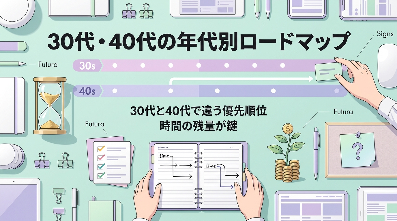 時間という資産、あなたはあと何年?について30代と40代で違う優先順位や時間の残量が鍵などの要素を描いたイラスト