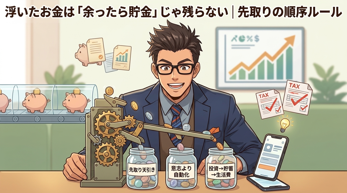 仕組みで貯まるについて先取り天引きや意志より自動化や投資→貯蓄→生活費などの要素を描いたイラスト