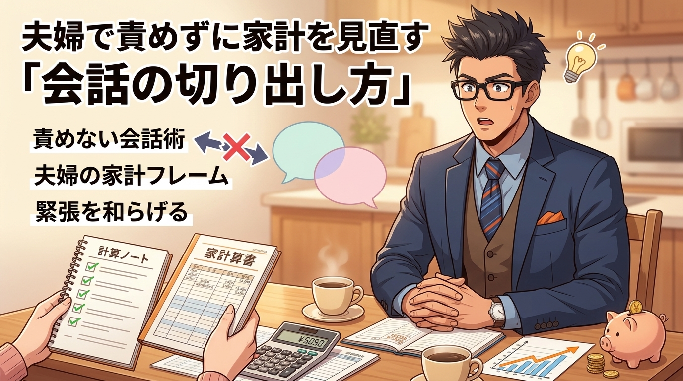 その切り出し方、相手を追い詰めてない?について責めない会話術や夫婦の家計フレームや緊張を和らげるなどの要素を描いたイラスト