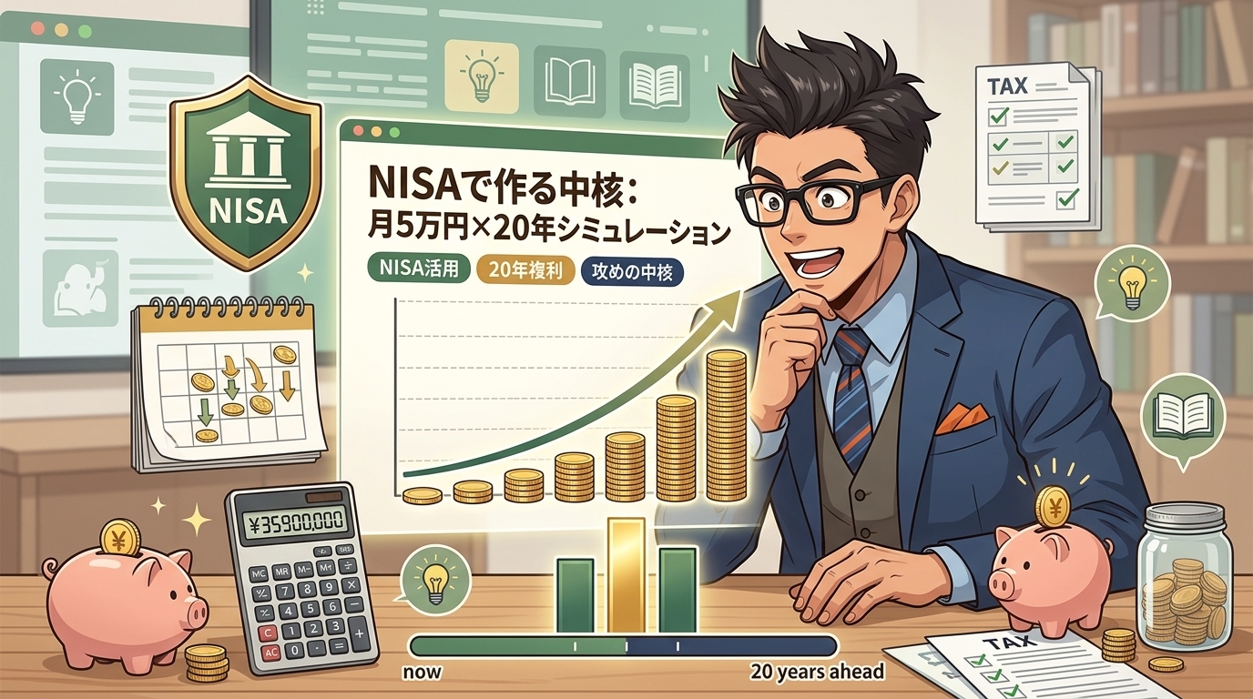 月5万円の未来についてNISA活用や20年複利や攻めの中核などの要素を描いたイラスト