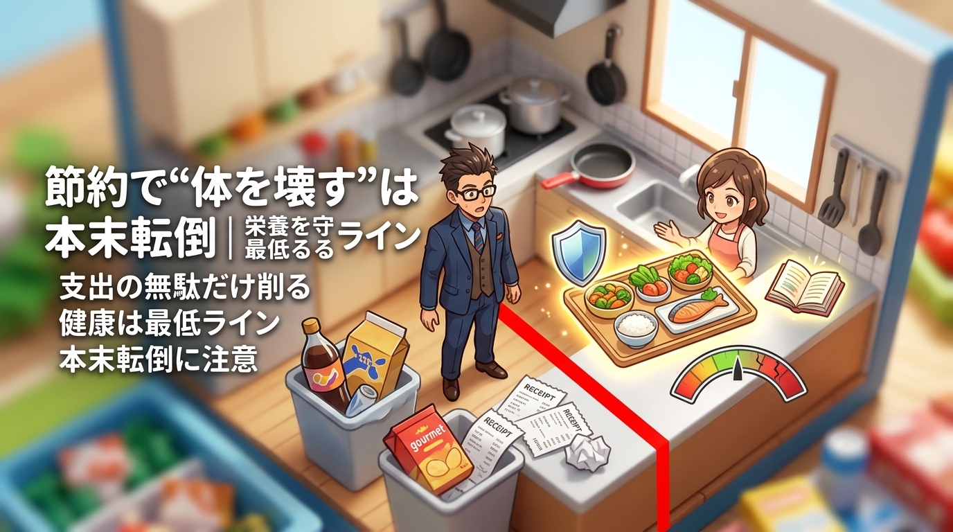 削るな、栄養だけはについて支出の無駄だけ削るや健康は最低ラインや本末転倒に注意などの要素を描いたイラスト