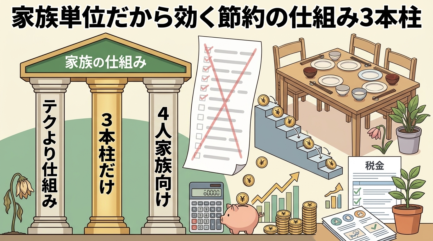 仕組みで勝つについてテクより仕組みや3本柱だけや4人家族向けなどの要素を描いたイラスト