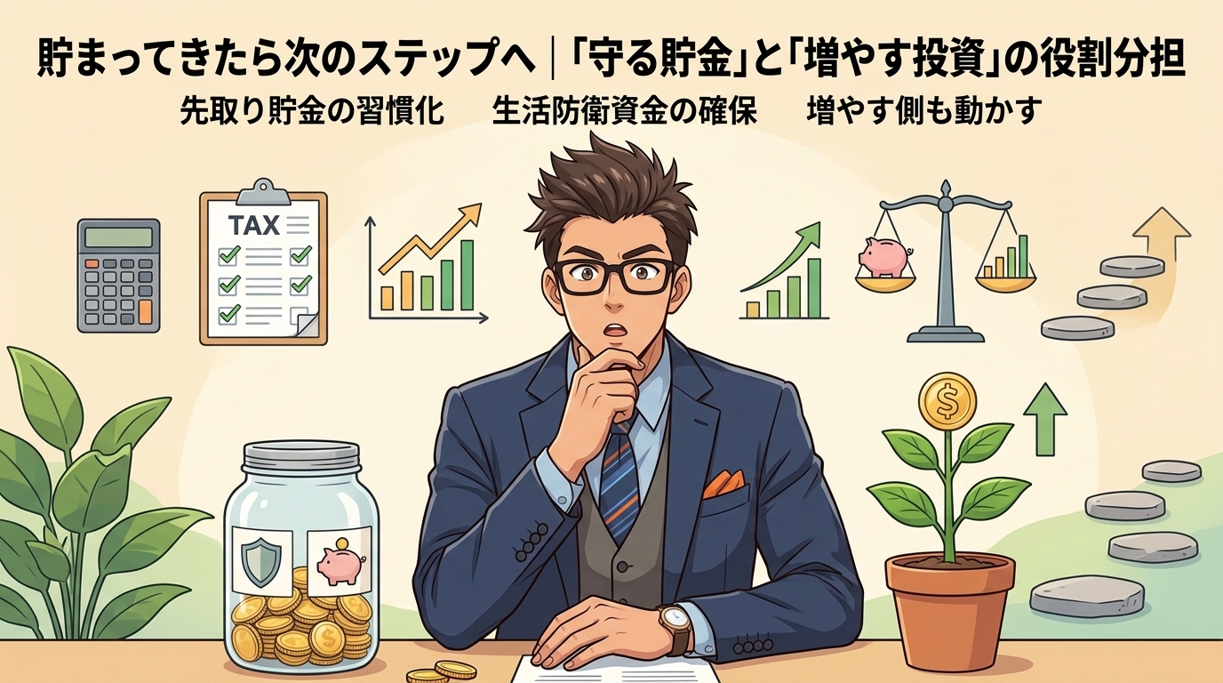 貯金だけで終わらないについて先取り貯金の習慣化や生活防衛資金の確保や増やす側も動かすなどの要素を描いたイラスト