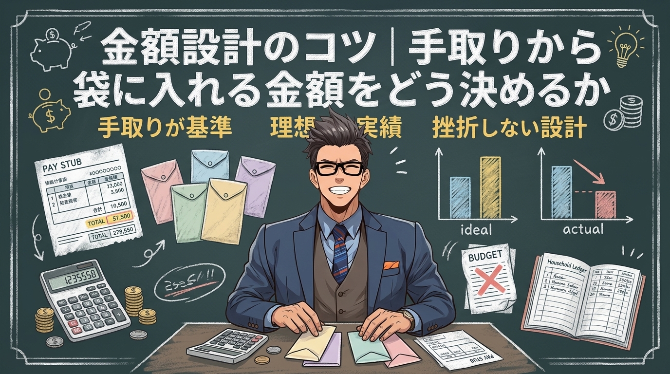 まず現実を見よについて手取りが基準や理想より実績や挫折しない設計などの要素を描いたイラスト