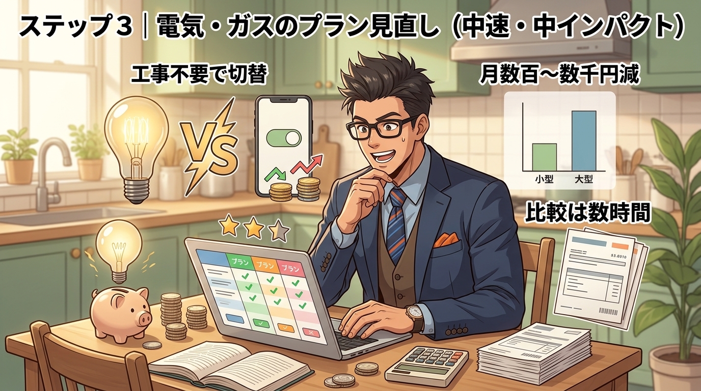プラン変えるだけについて工事不要で切替や月数百〜数千円減や比較は数時間などの要素を描いたイラスト