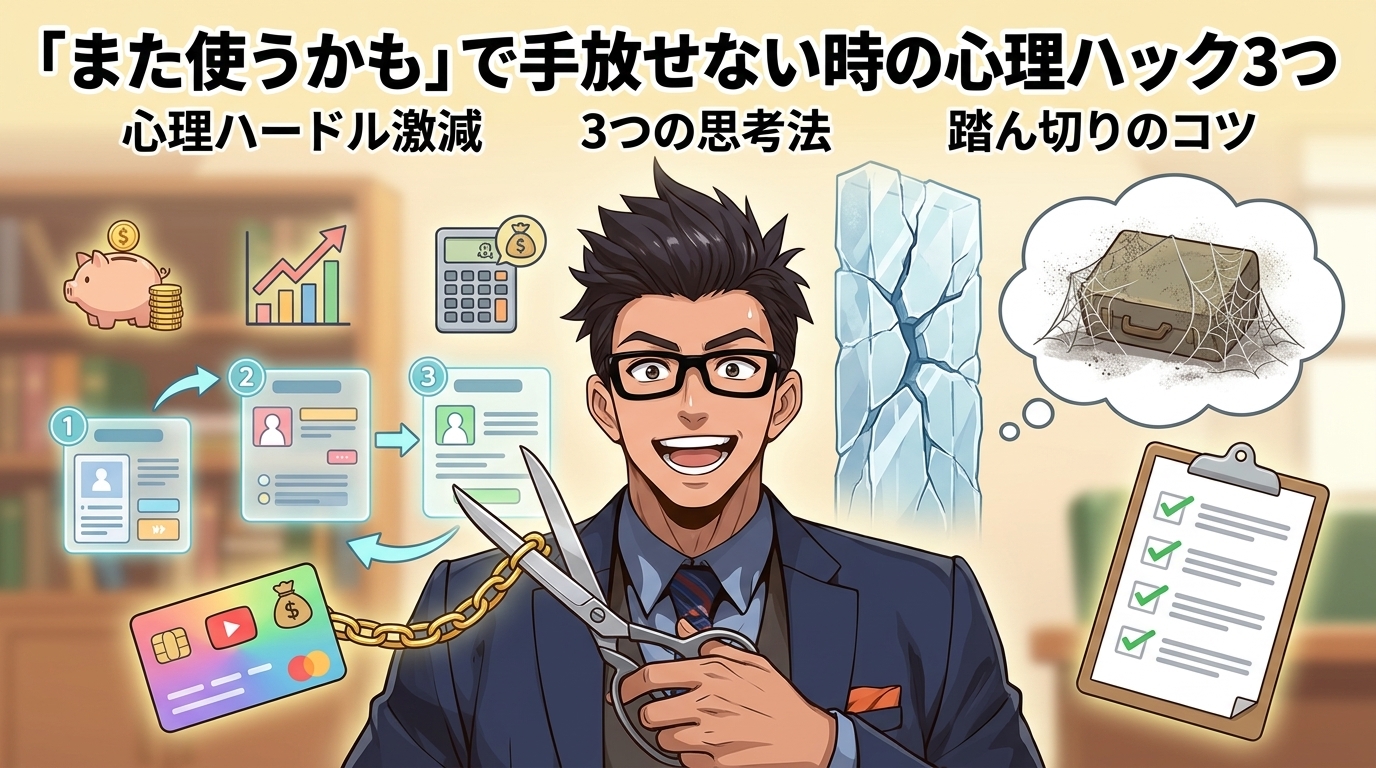 手放せないのは脳のクセだったについて心理ハードル激減や3つの思考法や踏ん切りのコツなどの要素を描いたイラスト