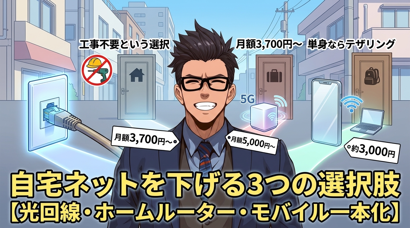 光回線だけじゃないについて工事不要という選択や月額3,700円〜や単身ならテザリングなどの要素を描いたイラスト