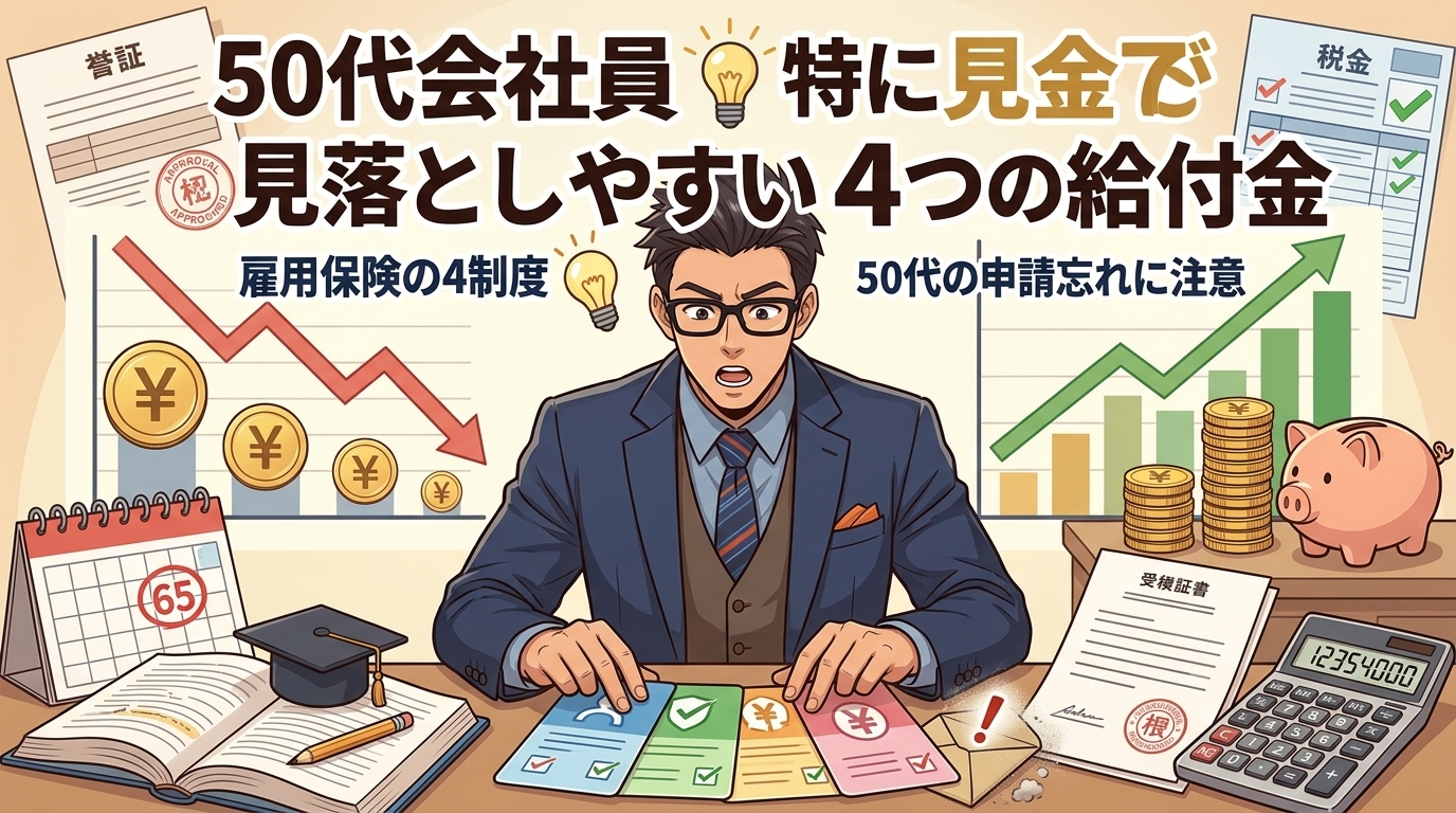 届け出ないともらえないについて雇用保険の4制度や50代の賃金低下や申請忘れに注意などの要素を描いたイラスト