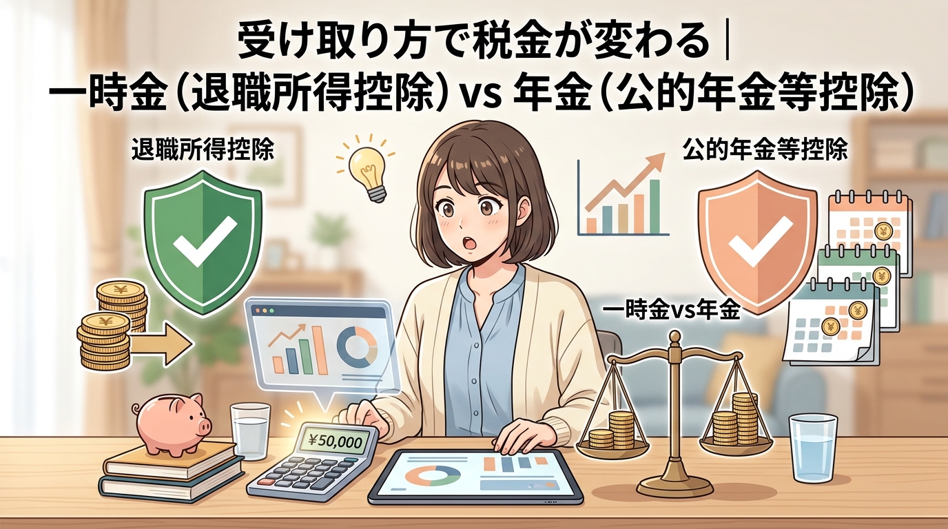 受け取り方で差がつくについて退職所得控除や公的年金等控除や一時金vs年金などの要素を描いたイラスト