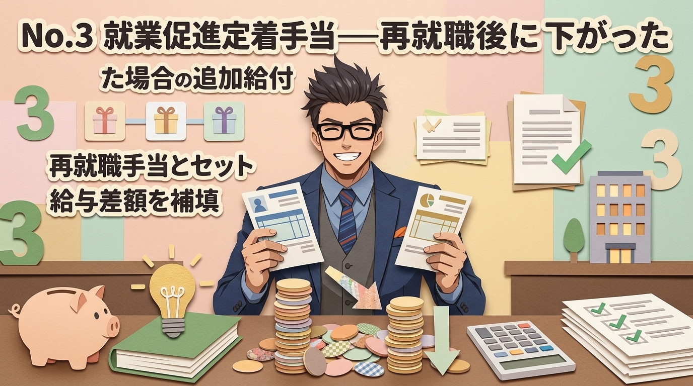 給料が下がっても安心について再就職手当とセットや給与差額を補填などの要素を描いたイラスト