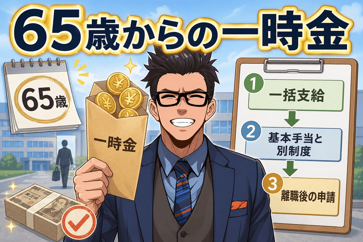 65歳からの一時金について一括支給や基本手当と別制度や離職後の申請などの要素を描いたイラスト